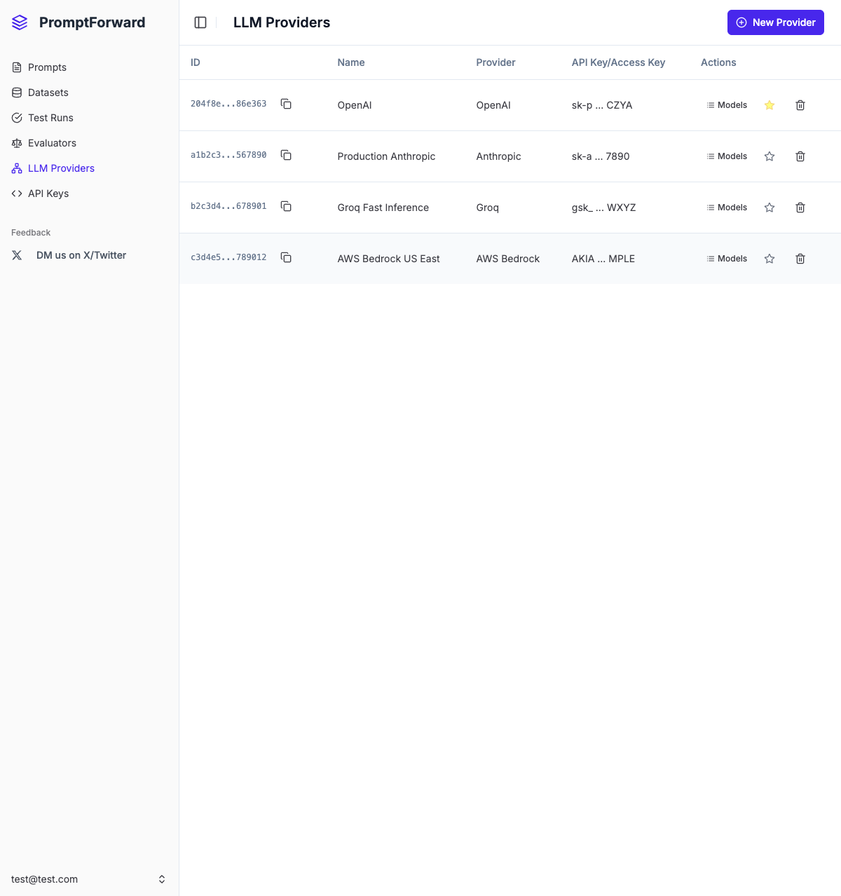 LLM providers list page