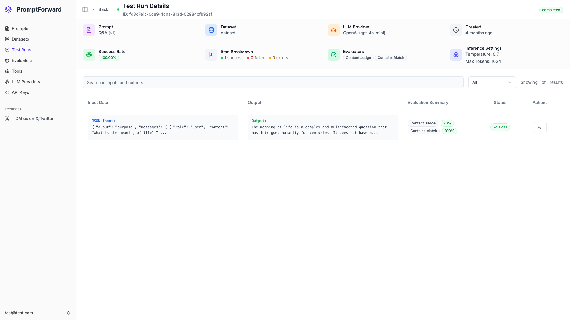 Test run detail page showing results and metrics