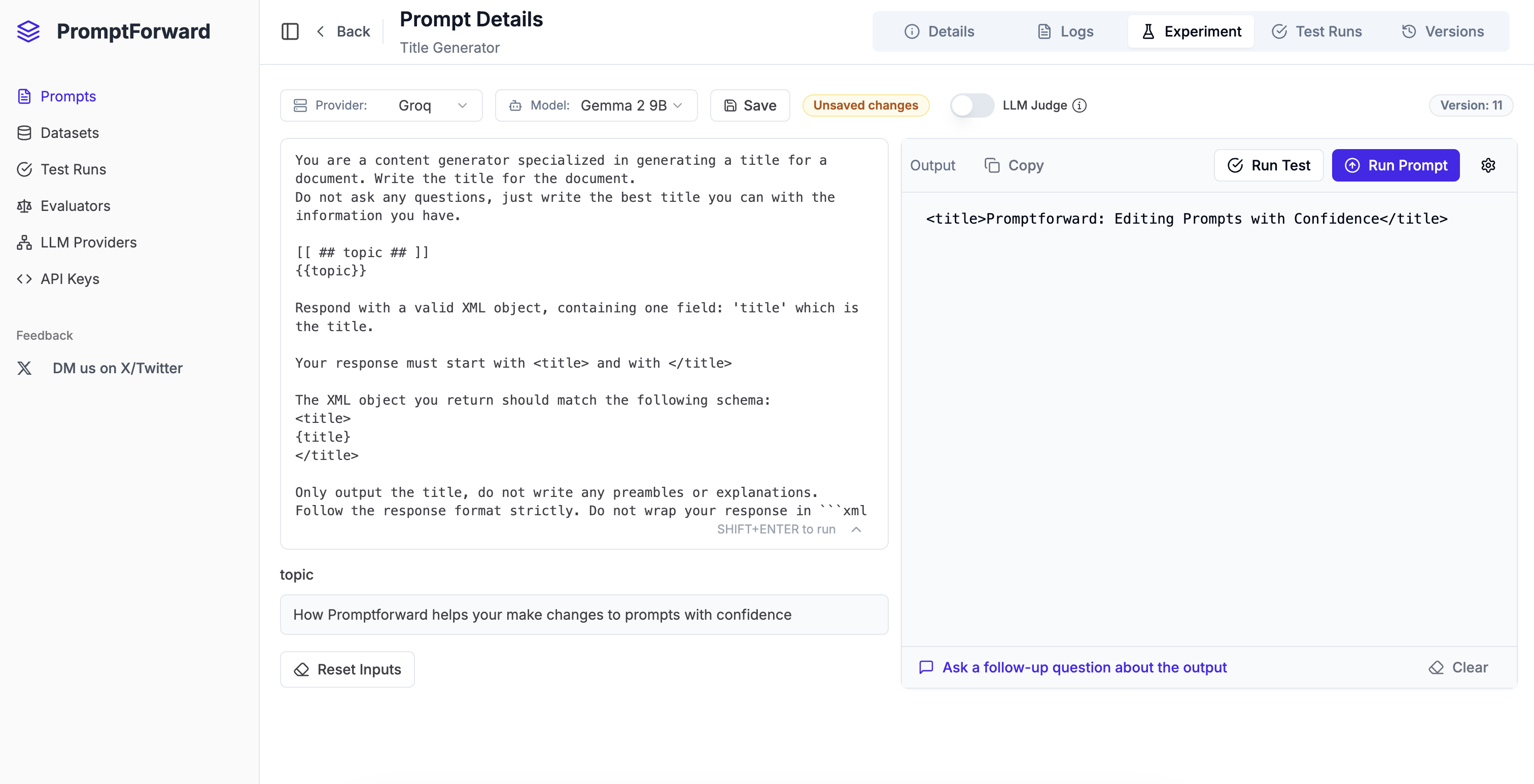 PromptForward Prompt Iteration