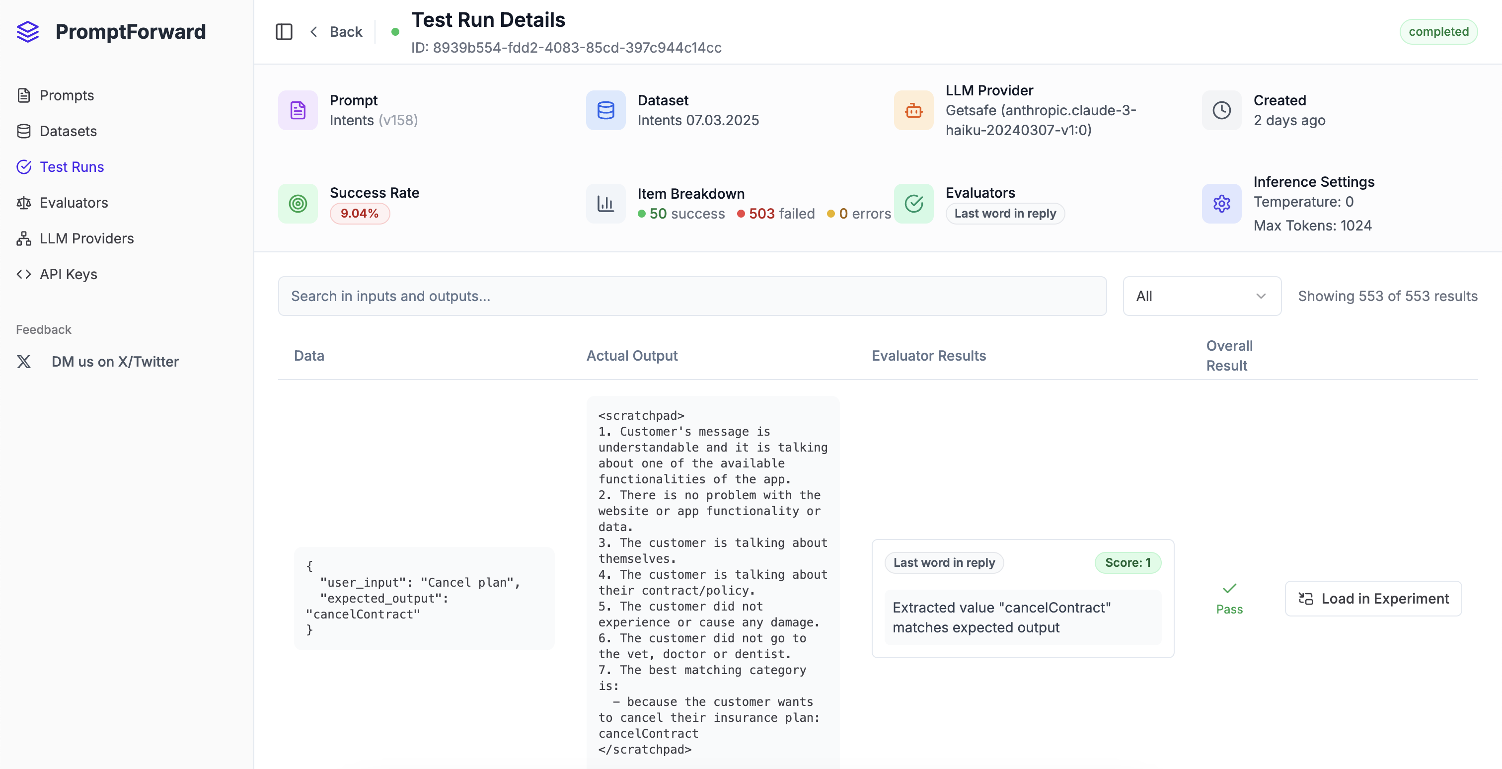PromptForward Test Run Details